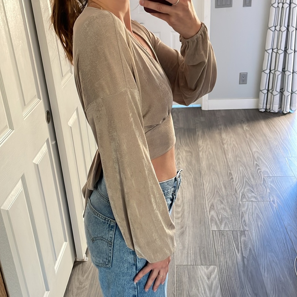 Prefer 21 Long Sleeve Shimmery Long Sleeve Going Out Crop Top with Tie Back - Picture 2 of 8